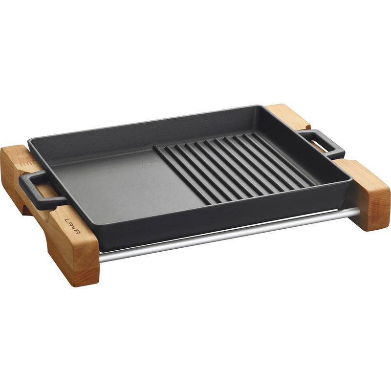 Griddle/Grill Duo Pan, integral metal handles and wooden service stand. dim. 26x32cm., 2290ml