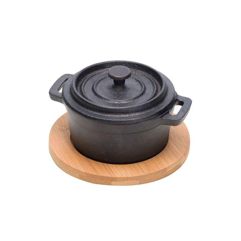Cast iron soup dish with a wooden base, 135x105(H)80mm
